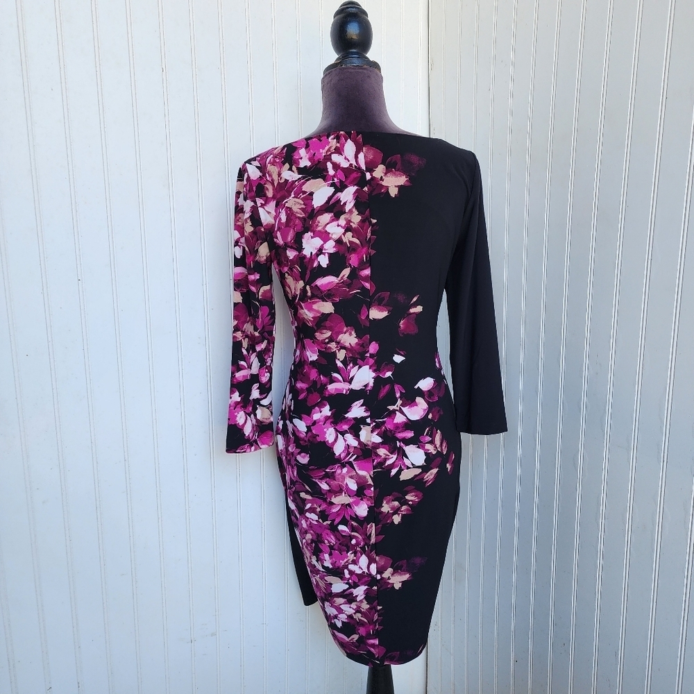 VTG Anne Klein Dress Ruched Black Pink Floral 3/4 Sleeves Stretch Womens Sz 2 - Picture 6 of 16